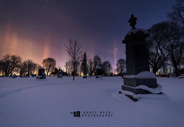 Freezing fog and bitter temps produced exceptional light pillars just before sunrise yesterday in the Southampton, Ontario Cemetary near to the Saugeen River // Captured December 17, 2017 #lightpillars #saugeenriver #saugeenshores #southampton #discoveron