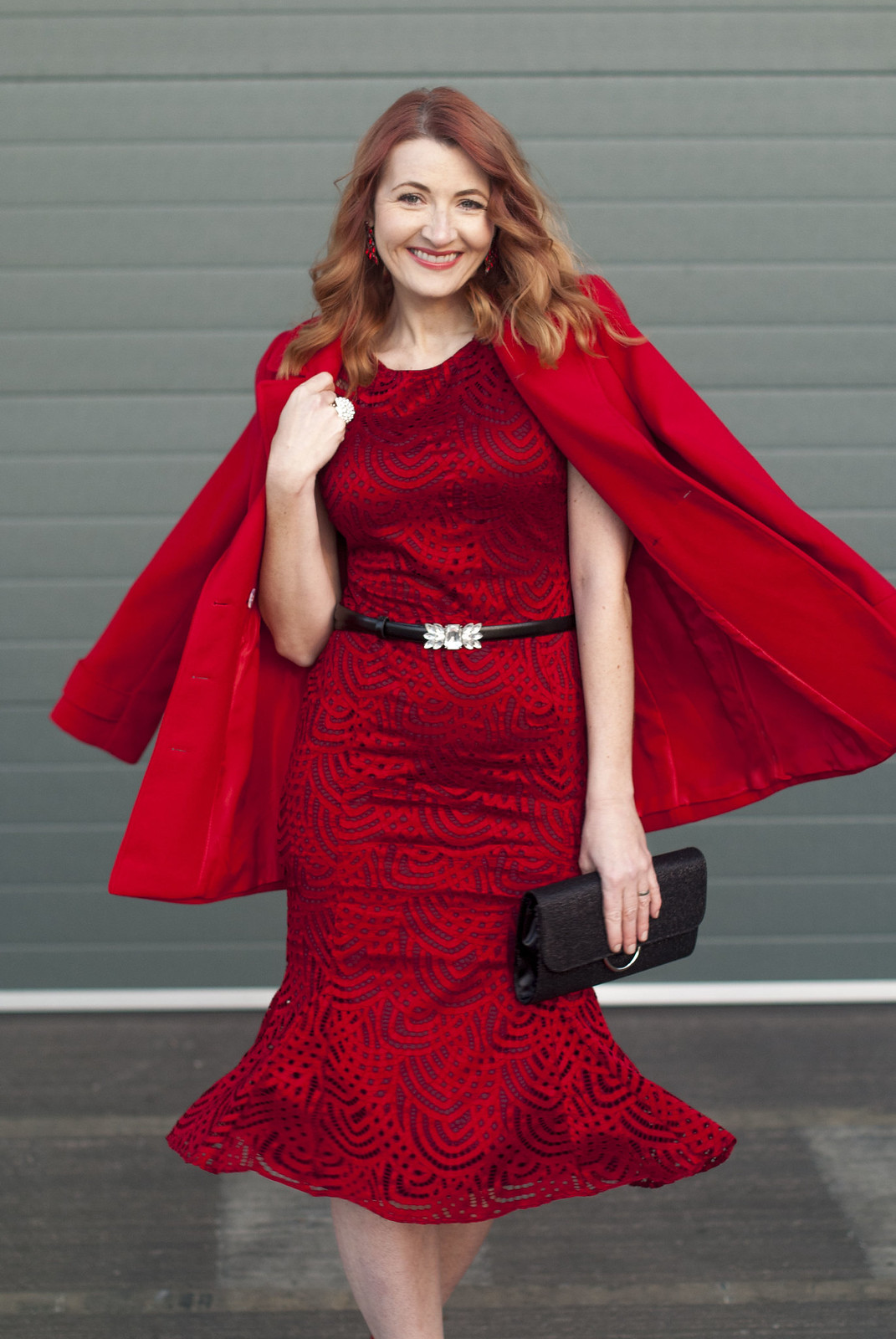 Christmas party or New Year's Eve party outfit - red lace midi dress with red pea coat and red heels | Not Dressed As Lamb, over 40 style