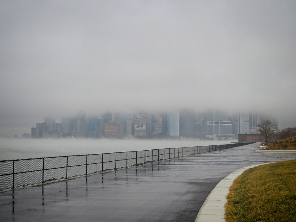 Foggy Manhattan as seen from Governors Island