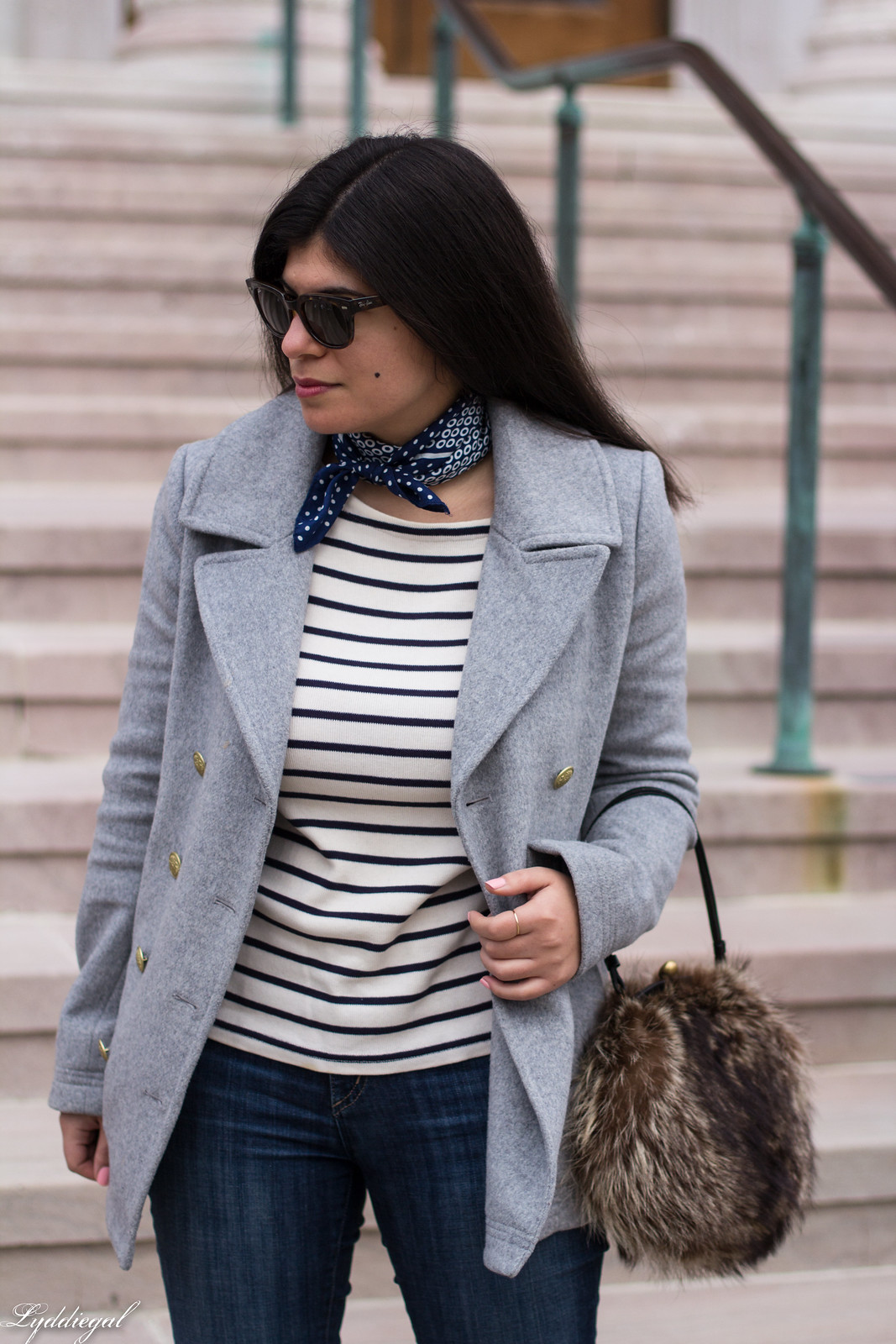 grey pea coat, striped tee, neck scarf, vintage fur bag-20.jpg