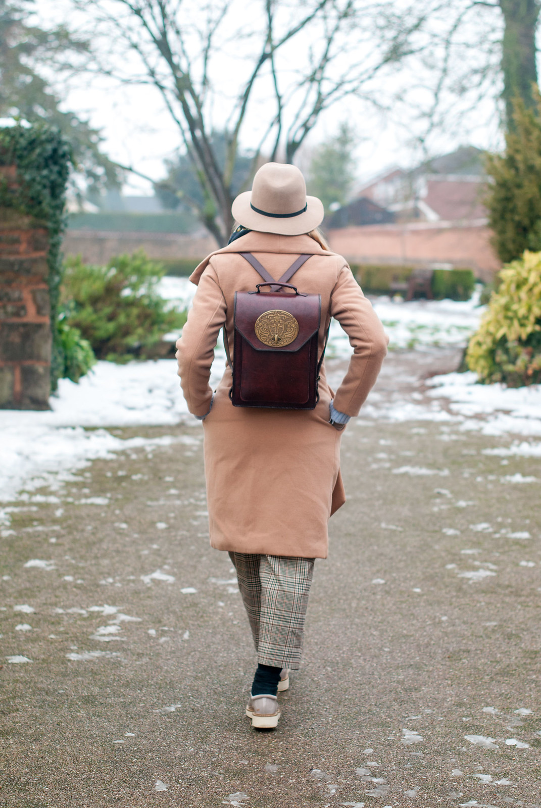 How to Stay Smart and Stylish in the Snow \ winter wear \ winter dressing \ camel wrap coat \ camel fedora hat \ wide leg crop Prince of Wales check trousers \ heritage check pants \ taupe flatform lace-ups | Not Dressed As Lamb, over 40 style