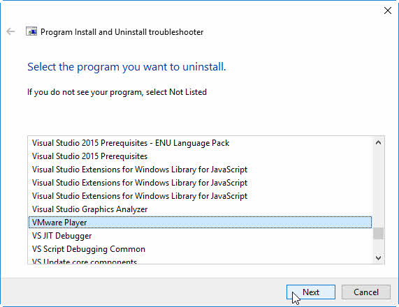 uninstall vmware player windows 10