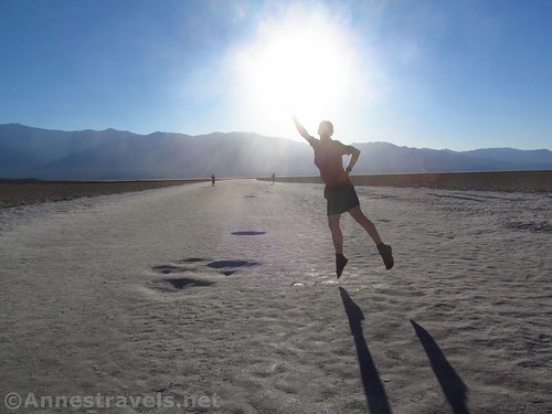 Jumping on the Badwater Basin salt flats in Death Valley National Park, California