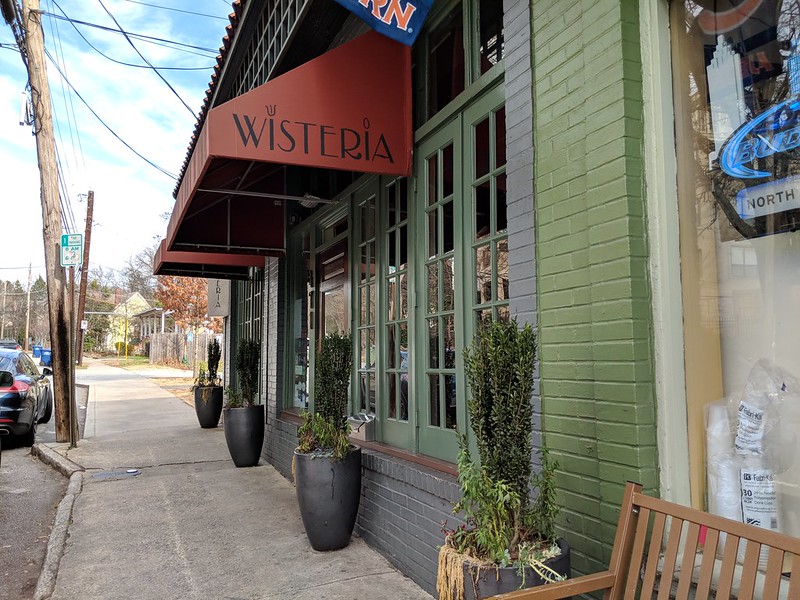 IMG_20180116_124245 2018-01-16 The four restaurants at the corner of North Highland Avenue at Colquitt: Folk Art, Il Localino, North Highland Pub, and Wisteria. The Wisteria block.