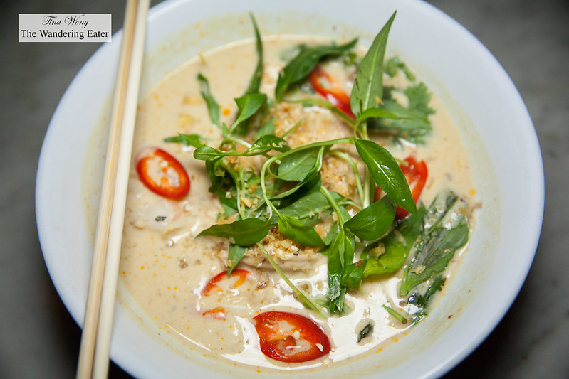 Coconut Curry Laksa, Shrimp, Crab, Rice Noodles, Thai Basil, Poached Chicken