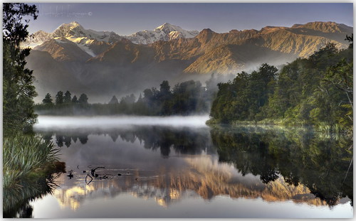 lakematheson newzealand nzsouthisland photoartimages mountains misty reflections sunrise