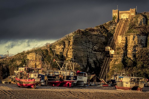 hastings goldenhour beach nikon d7100 topazclarity splittone boat tamronsp70300f456vcusd pebbles railway thestade eastsussex winter clouds england rockanore funicularrailway