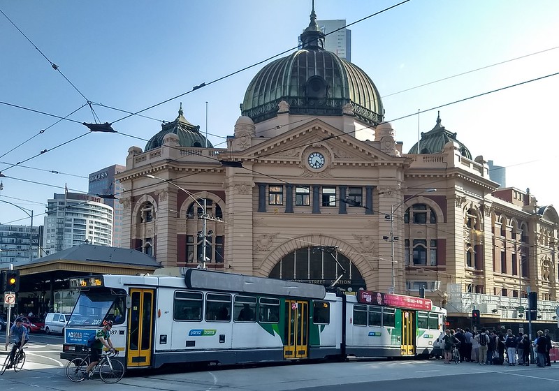 Tram delayed by cars blocks intersection
