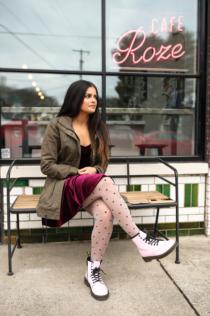Priya the Blog, Nashville fashion blog, Your 90's Valentine, Cafe Roze, Nashville style, Valentine's Day inspired outfit, Valentine outfit with Pink Dr. Martens, Pink Dr. Martens, girly Dr. Martens, Valentine outfit inspo, 90's inspired, 90's inspired Valentine's Day outfit, heart print tights outfit 