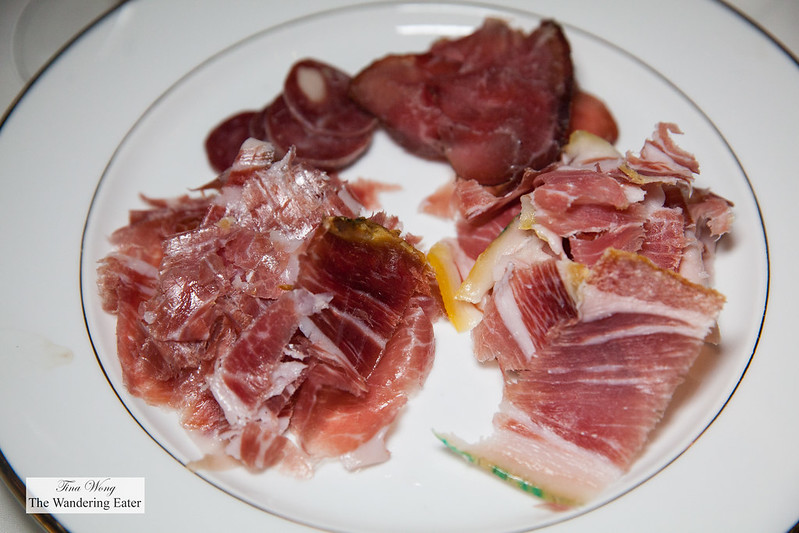 Plate of charcuterie - Pata Negra, Iberico ham, duck salami, Wagyu beef bresaola