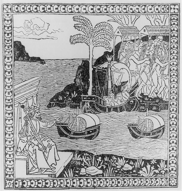 Woodcut on the title page of 'Lettera delle isole novamente trovata', an Italian translation into verse by Giuliano Dati, published in Florence, October 1493 (second ed.). Ferdinand II, King of Spain, is depicted pointing across the Atlantic to where Columbus is landing with three ships amid large group of Indians.