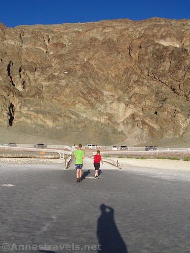 Walking back to the boardwalk and the parking area at Badwater Basin in Death Valley National Park, California