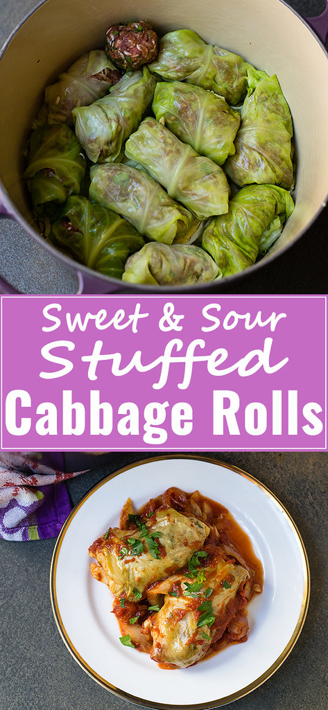 Sweet and Sour Stuffed Cabbage Rolls: Almost classic sweet and sour stuffed cabbage rolls, just like mom made it. The cabbage rolls are filled with meat and rice and sauce sweetened with brown sugar and balanced out with fresh lemon zest and lemon juice.