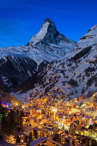 matterhorn zermatt switzerland bluehour sunset lights village town vertical dusk night mountains mountain peaks peak snow winter