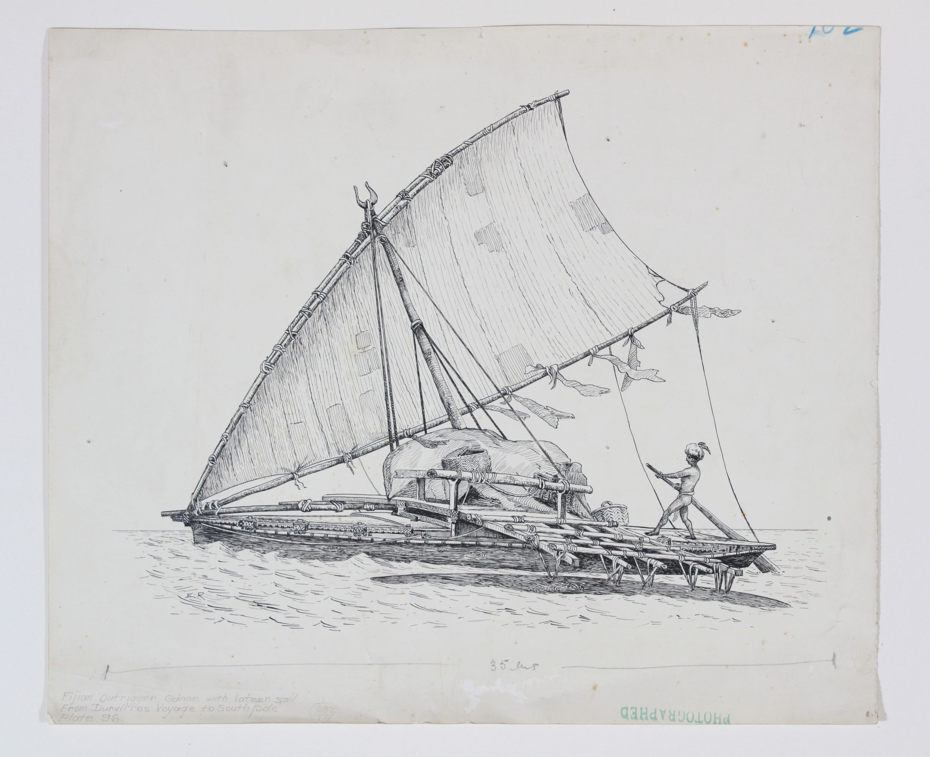 Sketch of Fijian outrigger canoe with lateen sail, date not given, by Ethel Richardson. Te Papa (MU000049/009/0004)