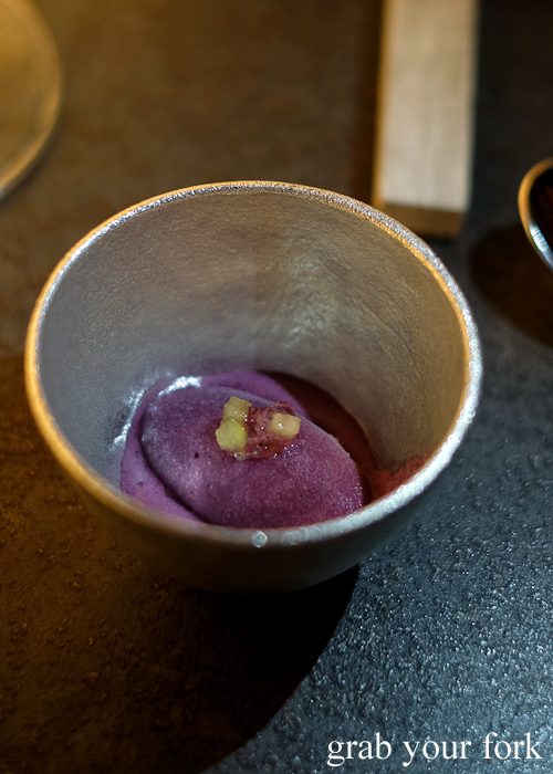 Ginger and black grape sorbet with pickled tomato and ume jelly, part of our omakase by Chef Ryuichi Yoshii at Fujisaki by Lotus at Barangaroo in Sydney