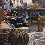 Woman and Cat; oil on canvas, 34 x 48 in, 2017