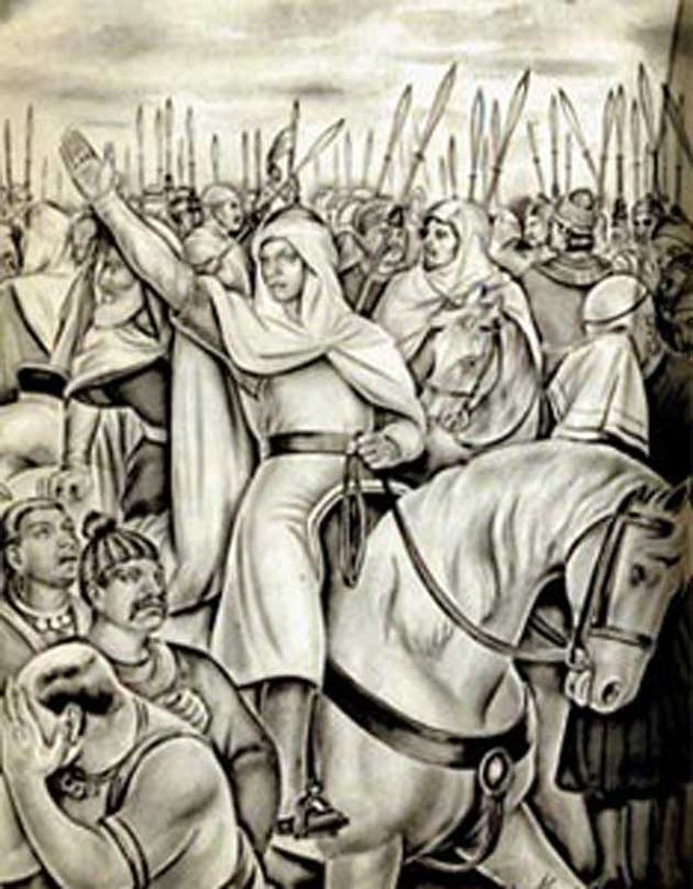Umayyad general Muhammad bin Qasim leading his troops in battle in India