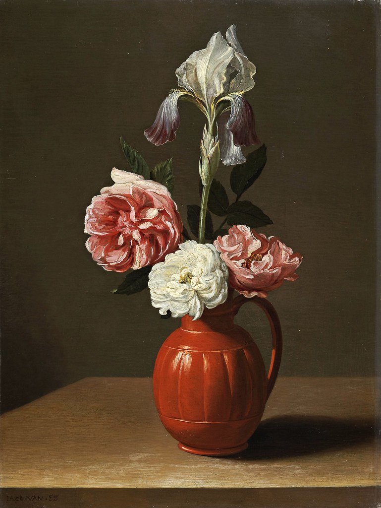 Jacob Foppens van Es - An iris and three roses in an earthenware pot