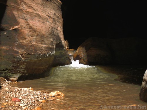 The first waterfall in Orderville Canyon. I expect this would be under water at times of high water flow. Zion National Park, Utah