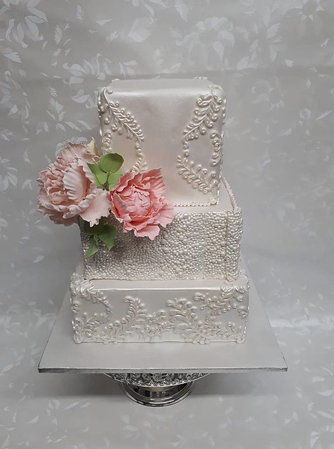 3 Tier Square Wedding Cake with Sugar Flowers by Lucy Vila