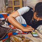 Texting Man with Cat; oil on canvas, 28 x 46 in, 2017