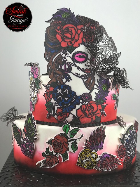Tattoo Themed Cake with Edible Lace and Butterflies by Amirah Williams of amirahimagecustomcakes.com Amirah Image Events LLC