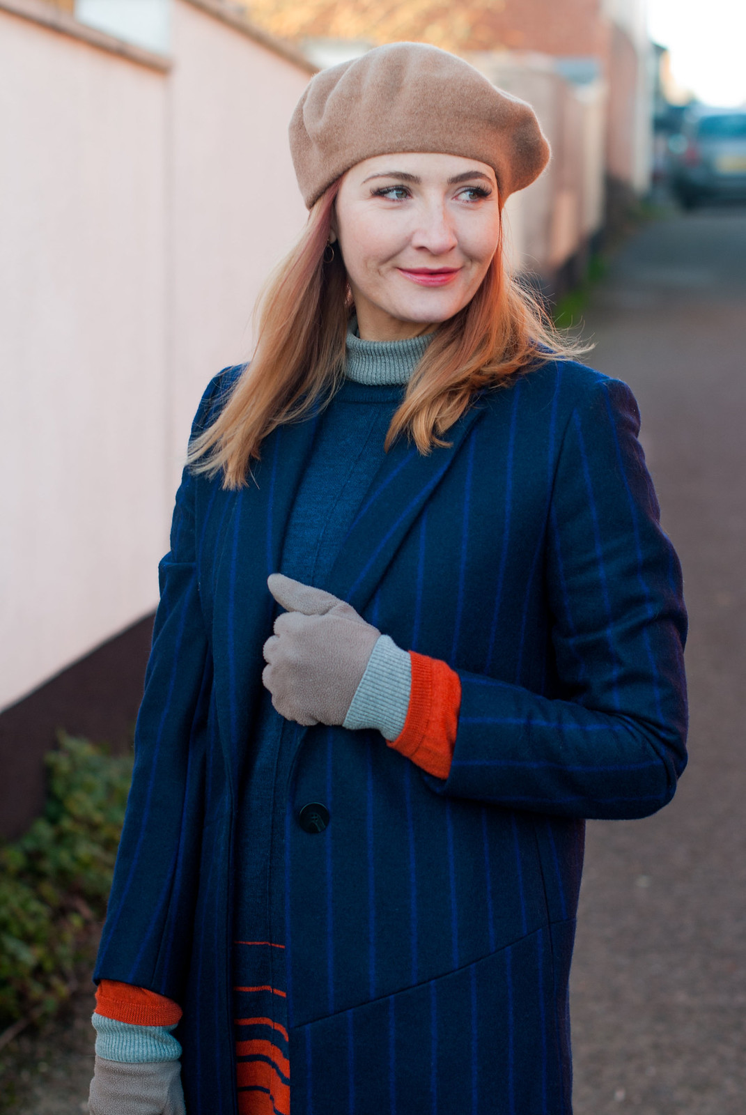 How to style a beret in winter: With a navy pinstripe wool coat, check trousers, a sweater dress and taupe lace ups | Not Dressed As Lamb, over 40 fashion blog