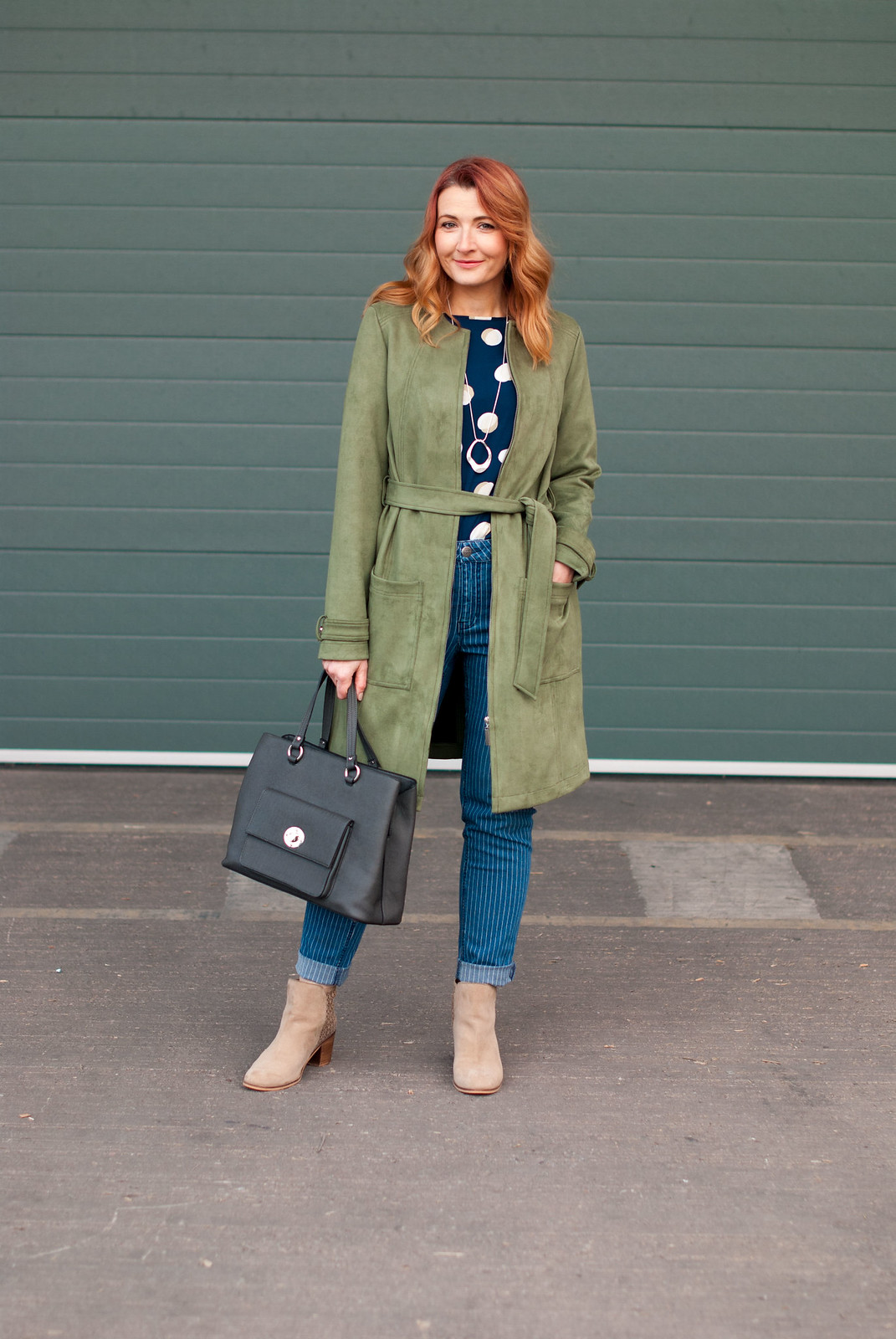 Winter to spring transitional outfit - khaki green suede jacket, spotty top, pinstripe boyfriend jeans, stone ankle boots | Not Dressed As Lamb, over 40 style