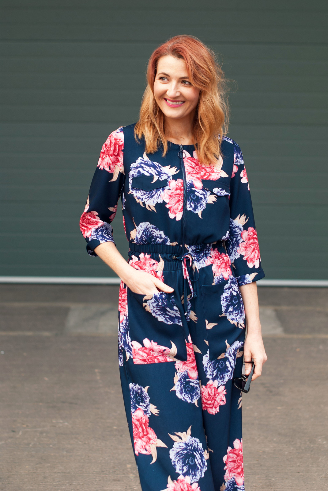 Winter to spring transitional outfit - Blue and pink floral wide leg jumpsuit | Not Dressed As Lamb, over 40 style