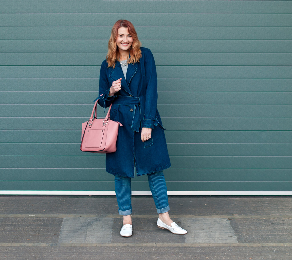 Winter to spring transitional outfit - Denim trench coat, pinstripe boyfriend jeans, white loafers, pink tote bag | Not Dressed As Lamb, over 40 style