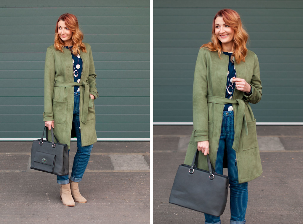Winter to spring transitional outfit - khaki green suede jacket, spotty top, pinstripe boyfriend jeans, stone ankle boots | Not Dressed As Lamb, over 40 style