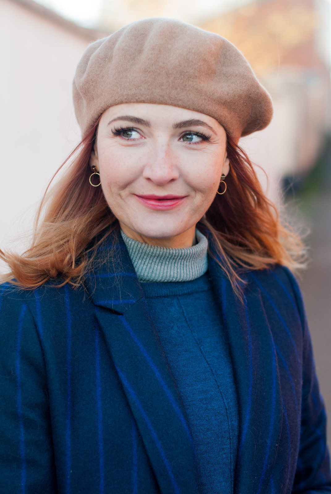 How to style a beret in winter: With a navy pinstripe wool coat, check trousers, a sweater dress and taupe lace ups | Not Dressed As Lamb, over 40 fashion blog