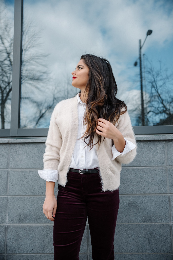 Priya the Blog, Nashville fashion blog, festive wear to work outfit, holiday inspired outfit, Christmas office outfit, purple velvet trousers, Old Navy plum velvet trousers, red lip, Stila Liquid lipstick Beso, vintage flea market earrings, fuzzy H&M cardigan