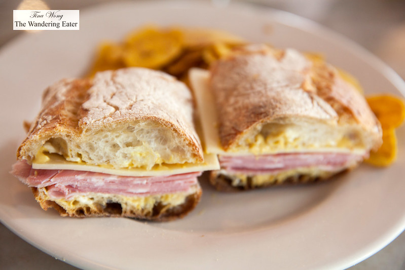 Ham and cheese sandwich with Dijon mustard, cornichons, ciabatta