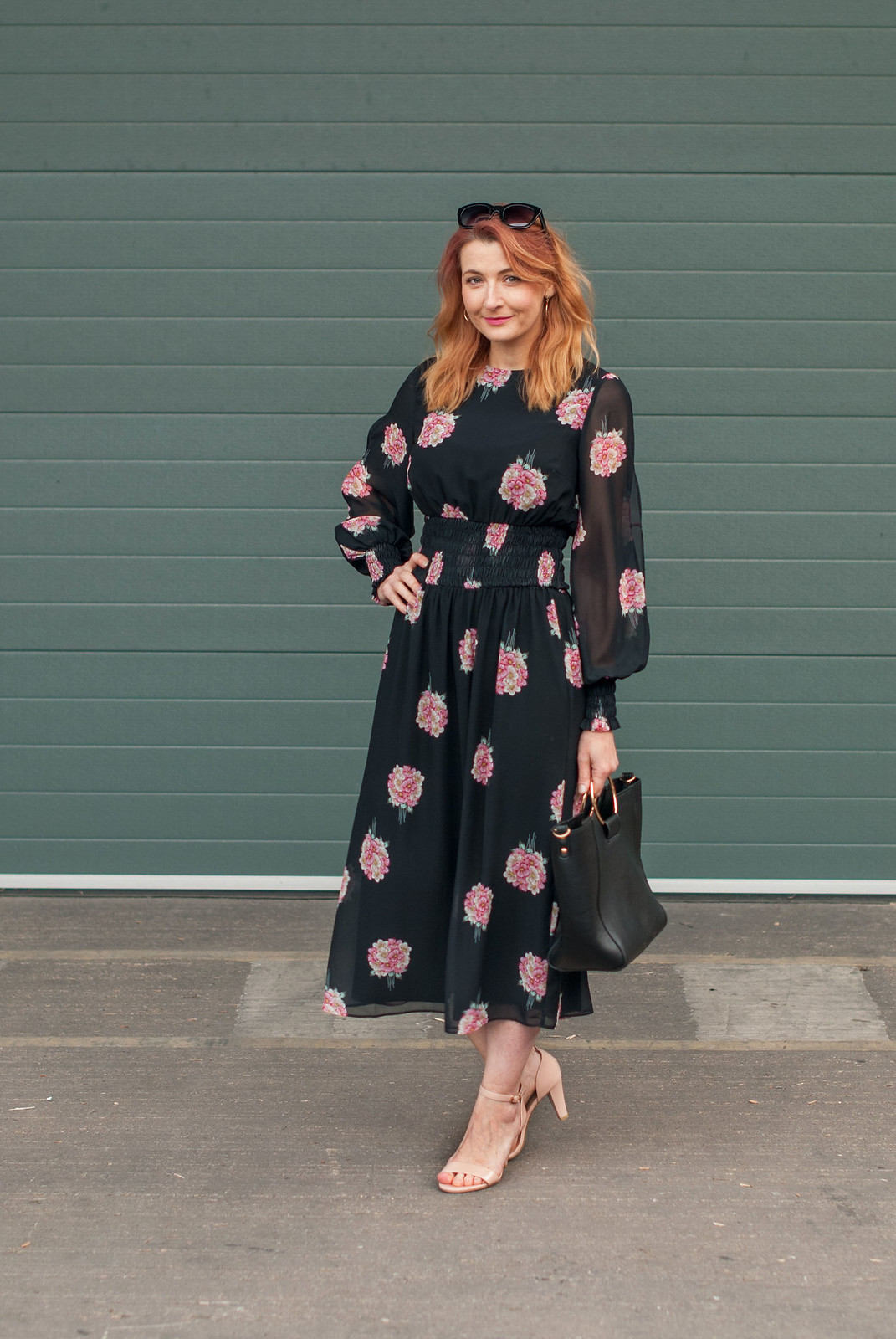 Date night outfit, evening look - Sheer dark floral shirred waist midi dress - | Not Dressed As Lamb, over 40 style