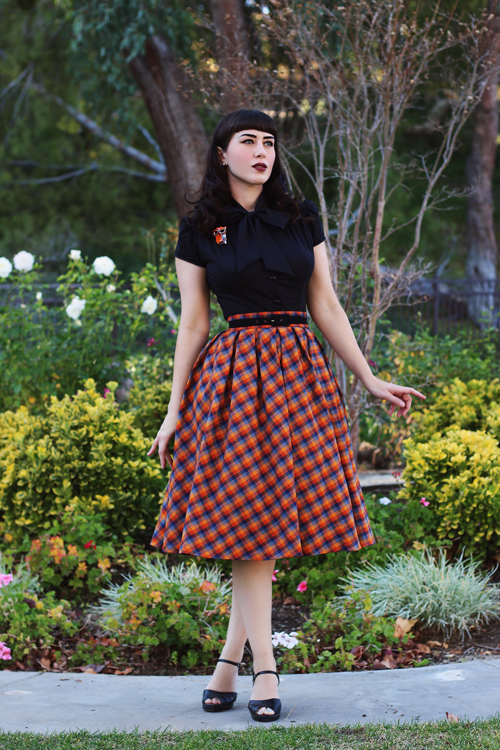 Heart of Haute Estelle Top in Black Retrolicious Madison Skirt in Orange Plaid