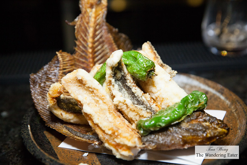 Whole fried flatfish with shisto peppers