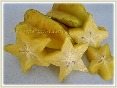 Whole edible and cross-section fruits of Averrhoa carambola (Star Fruit, Starfruit Carambola, Caramba, Country Gooseberry, Belimbing Manis in Malay), 31 Dec 2017
