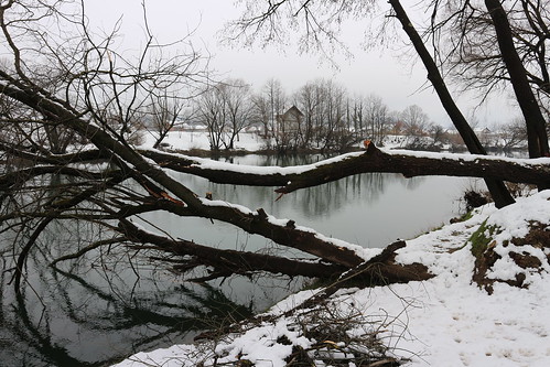 winter snow river sana tree water nature balkans bosnia sanski most