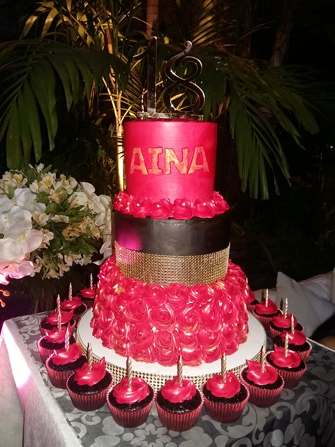 3 Tiered Red Rosette Cake with Black & Gold Accent by Cynthia Petalio of Kitchen Lovers Cakes and Catering Services