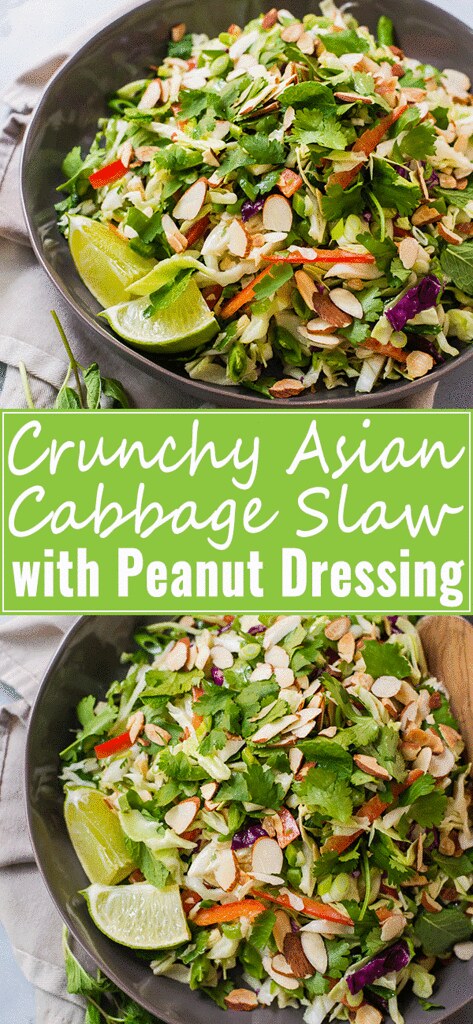 Crunchy Asian Cabbage Slaw with a sweet, gingery and slightly spicy peanut sauce. This will be your new favorite crunchy salad!