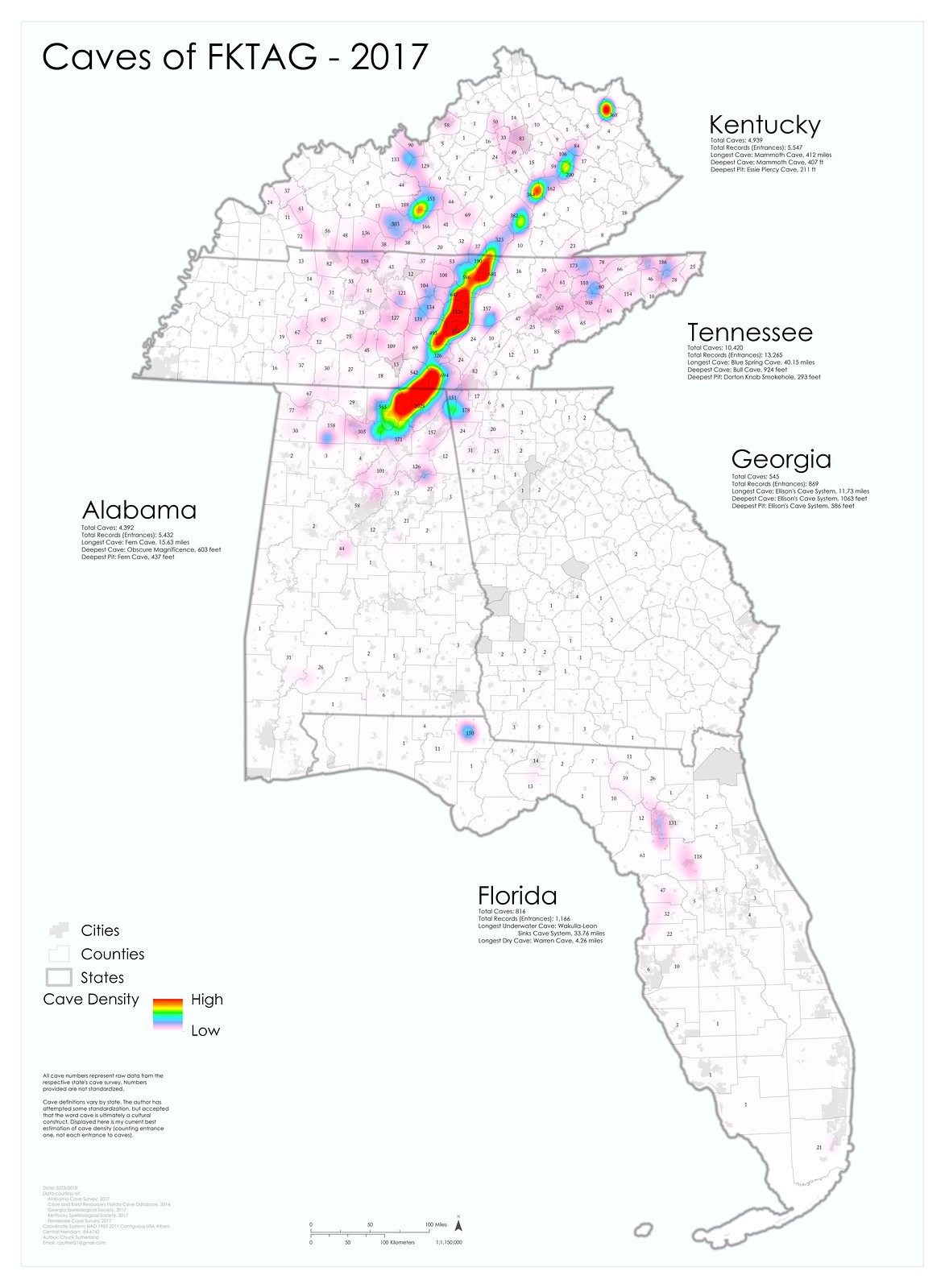Cave Density of Alabama, Florida, Kentucky, Georgia, and Tennessee
