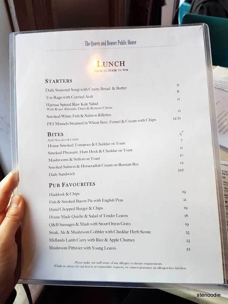 The Queen and Beaver Public House lunch menu and prices