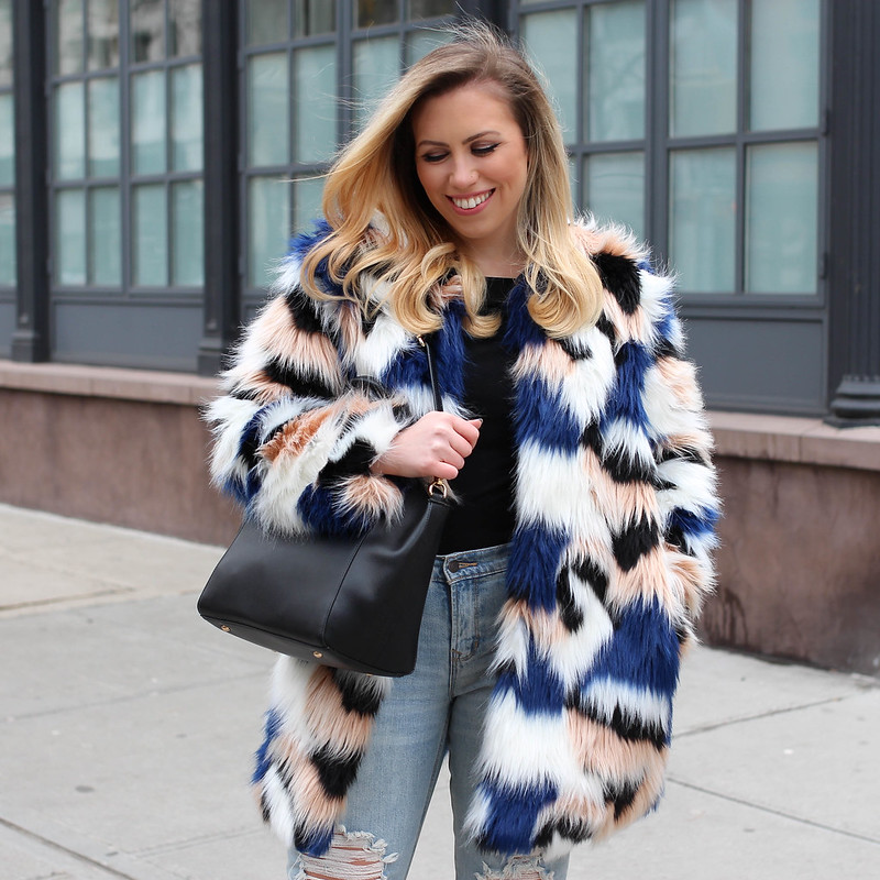 End of Winter Outfit Colorful Fur Coat Light Wash Distressed Jeans How to Get Excited by Your Own Wardrobe