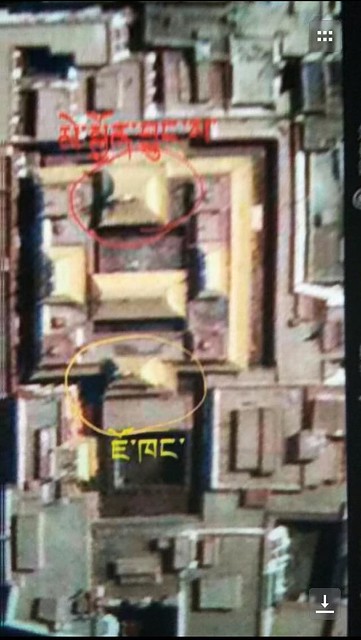 satellite image of the Jokhang temple area. Shrined destroyed by fire marked red while Jokhang temple marked yellow. From pahyul.com