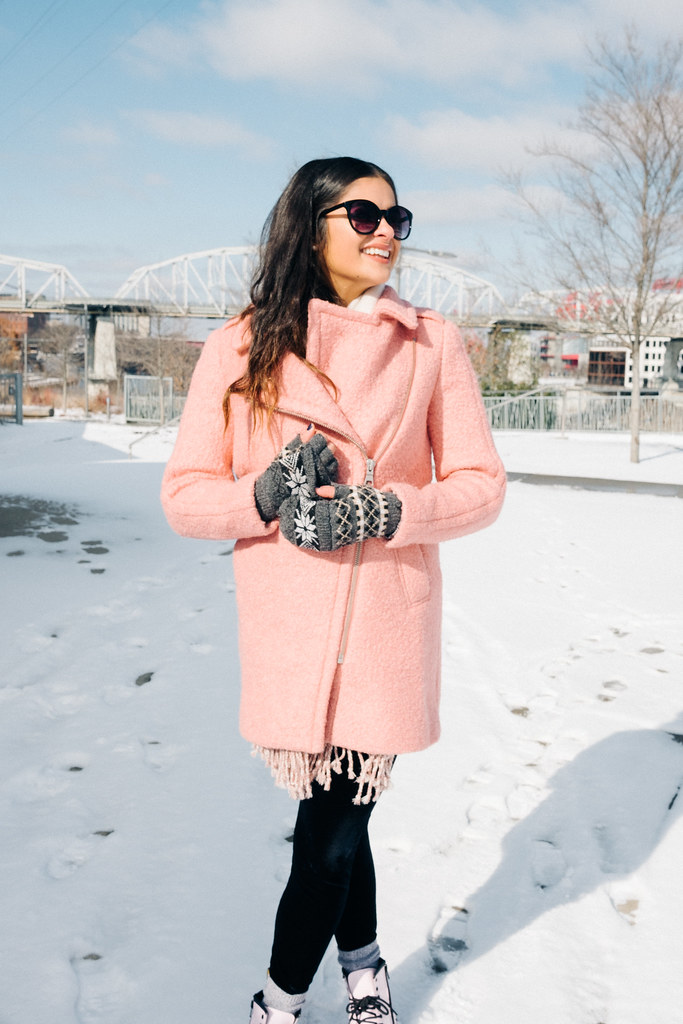 Priya the Blog, Nashville fashion blog, Winter outfit pink coat, LOFT textured moto coat, pink Dr. Martens, snow day outfit, Nashville snow day, snow outfit with pink coat