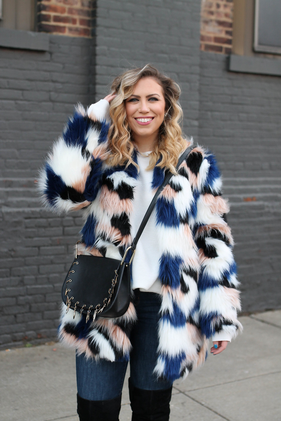 Shein Colorful Faux Fur Coat Blonde Curly Hair Winter Outfit Inspiration Statement Style Fashion