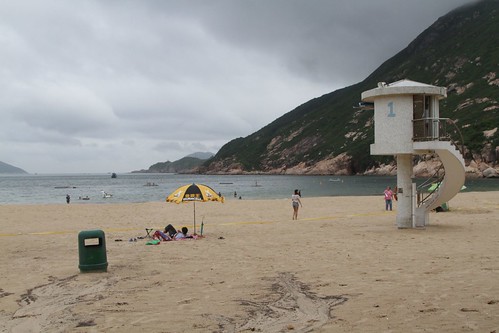 Concrete lifeguard towers on the beach at Shek O