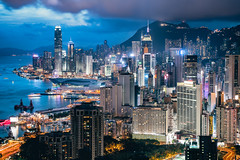 Hong Kong Island blur hour time view from Braemar hill, A destination viewpoint to observe Victoria Harbour, Hong Kong city skyline